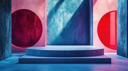 Poster - Minimalist composition featuring a podium against an abstract backdrop Geometric shapes in blue and red hues 3D rendering showcasing geometrical elements and a textured surface suitable for cosmet