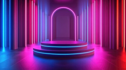 Poster - 3D rendered modern mockup podium featuring neon lighting a futuristic pedestal designed for product displays and advertising