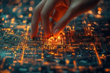 Poster - Human Hand Interacting with Glowing Circuit Board