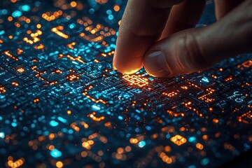 Poster - A fingertip touching a glowing circuit board