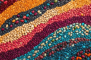 Aufkleber - An intricate arrangement of colorful beans, lentils, and seeds forms a striking abstract pattern showcasing natural beauty and diversity. Generative AI