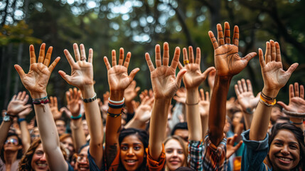 Group of people are raising their hands in the air