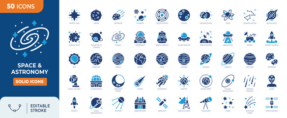 Space & Astronomy editable icon set. Containing satellite, universe, astronaut, rocket, comet, telescope and planet and more icons. Solid icon collection. Vector illustration