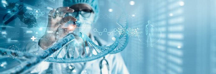 Wall Mural - abstract dna molecule. doctor cutting dna molecule and check with analysis chromosome dna genetic of