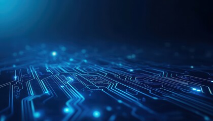 Poster - Abstract Blue Circuit Board with Glowing Lines and Bokeh