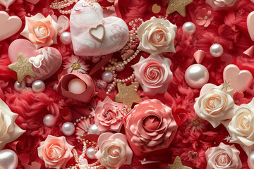 Wall Mural - A 3D Valentine's Day wallpaper that incorporates Red and Pink hearts, White Roses, Pearls, Gold Stars, Heart-shaped Boxes, Soft lighting and Red Fluffy Background with romantic style.