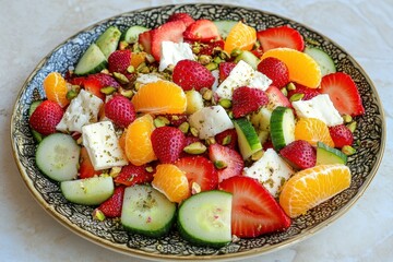 Poster - Aerial view of a vibrant salad featuring oranges strawberries apples cucumbers cheese and pistachios