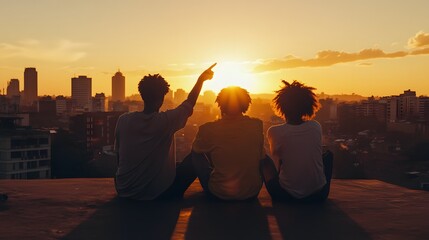 Wall Mural - A group of three people, African and European, seated on a rooftop terrace at sunset, one person pointing to the view, another resting hands on their lap, and the third nodding in agreement. The warm