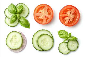 Wall Mural - Artistic arrangement of tomato onion cucumber and basil on a white background Top view of vegetable ingredients