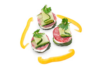 Wall Mural - Canapes without Bread with Salami, Cucumber, Greens and Cream Cheese - Isolated on White Background. Easy Breakfast. Diet Food. Quick and Healthy Sandwiches. Healthy Snacks with Tasty Fillings