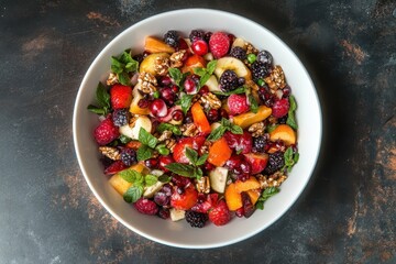 Sticker - Bird s eye perspective of a fruit and berry salad in a white bowl