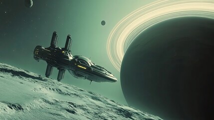 Wall Mural - futuristic spaceship landing on a snowy planet with a ringed planet in the background