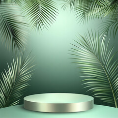 Wall Mural - abstract background with a green podium and palm leaf for product presentation, cosmetic mock-up