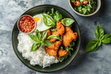 Wall Mural - Crispy chicken with basil accompanied by steamed rice and a fried egg is a spicy dish