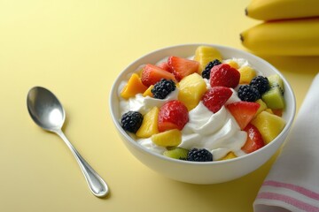 Sticker - Fruit salad muesli and yogurt on pale yellow backdrop with a napkin and spoon Text space available