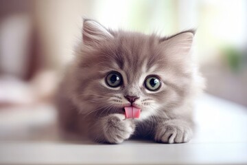 Humorous fluffy gray kitten with large green eyes on a white table Adorable cat grooming itself Space available for text