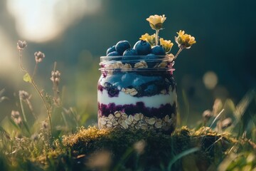 Canvas Print - Layered breakfast jar with blueberries oats and coconut