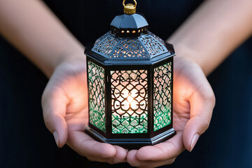 Wall Mural - hands holding a lantern in the evening, representing Ramadan traditions.