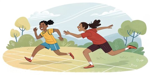 Two young female athletes are running on a kho kho field, playing the traditional indian sport that combines speed, agility, and strategy, during a sunny day in a park