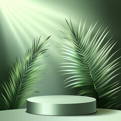Wall Mural - abstract background with a green podium and palm leaf for product presentation, cosmetic mock-up