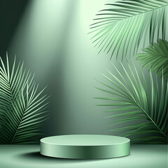 Wall Mural - abstract background with a green podium and palm leaf for product presentation, cosmetic mock-up