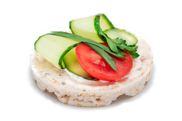 Wall Mural - Vegan Rice Cake Sandwich with Fresh Tomato, Cucumber and Greens - Isolated on White Background. Vegetarian Diet Food. Quick and Healthy Sandwiches. Crispbread with Fresh Fillings. Dietary Snack