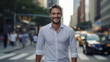 © Dark Forge Images - A confident man in a white shirt stands amidst the bustling streets of New York City, with iconic yellow taxis and towering skyscrapers in the background, capturing the vibrant energy of urban life.