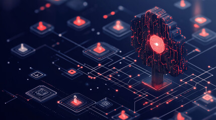 Digital Tree of Knowledge: A futuristic abstract concept, a glowing red tree symbolizes knowledge and growth, flourishing within a network of digital circuitry.  