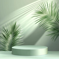 Wall Mural - abstract background with a green podium and palm leaf for product presentation, cosmetic mock-up