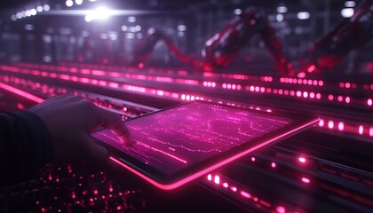 Aufkleber - A glowing tablet displays vibrant data in a high-tech factory setting with robotic arms working, showcasing the fusion of technology and automation.