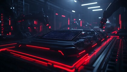 Poster - A futuristic, dimly lit workspace with red neon lights and an advanced robotic system interacting with a sleek, elevated surface.