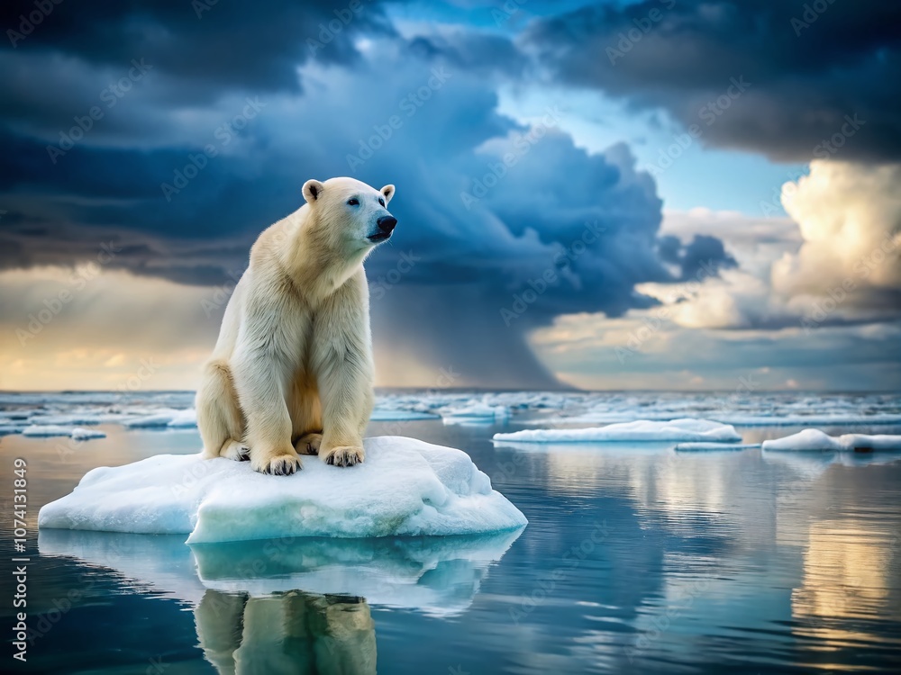 Polar Bear on Melting Ice Floe in Arctic Waters Reflects Climate Change ...