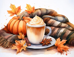 Wall Mural - A cozy fall scene with a cup of pumpkin spice latte, a pumpkin, and autumn leaves