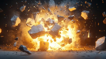 Poster - A dramatic 3D illustration of a geometric explosion, with fragments and surfaces crushing under immense power against a dark background