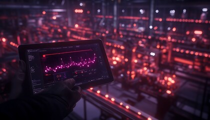 Fototapete - A futuristic scene featuring a person holding a device displaying data analysis in a factory illuminated by striking red lights.