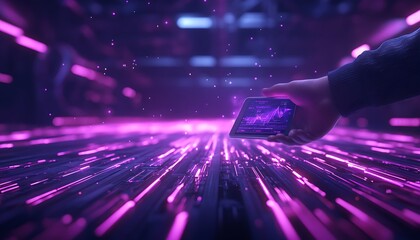 Aufkleber - A hand holds a device amidst a vibrant, glowing digital landscape, characterized by flowing purple lights and a futuristic atmosphere.