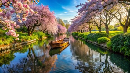 Wall Mural - Serene Canal with Blossoms and a Wooden Boat Gliding Through the Tranquil Waters, Framed by Lush Greenery and Vibrant Floral Accents Under a Clear Blue Sky