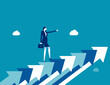 © zenzen - Career growth, growing business or leadership to overcome challenge, motivation to succeed, career development or ambition to success concept, confidence businesswoman walking up growth arrow stair.