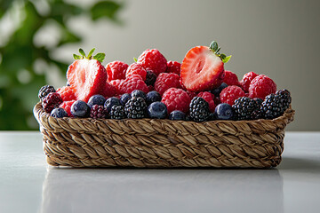 Wall Mural - juicy berries arranged in a wicker basket on a summer day.