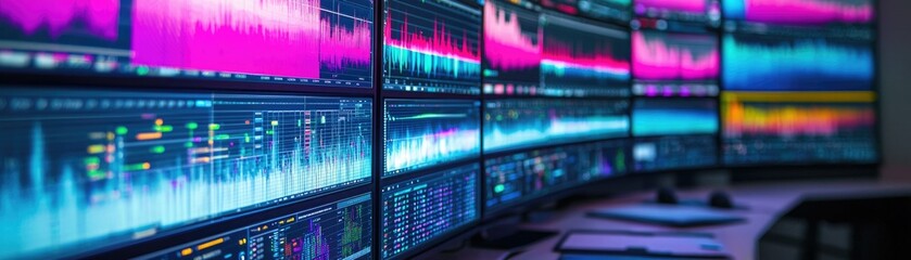 A sleek array of screens displaying colorful data visualizations, emphasizing analytics and technology in a modern workspace.