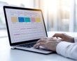 © WACHI - A person's hands typing on a laptop showing a colorful calendar interface, with natural light illuminating a modern workspace.