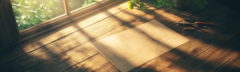 Poster - A sunlit wooden table holds a blank sheet of paper, surrounded by nature, creating a serene and peaceful atmosphere.