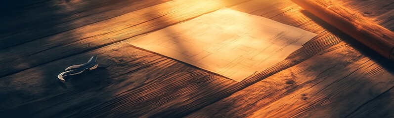 Fototapete - A warm, soft-lit scene featuring a blank piece of paper resting on a textured wooden surface, evoking a sense of tranquility and contemplation.