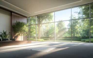 Poster - A bright, modern interior space features large windows, allowing natural light to illuminate the room and showcase lush greenery outside.