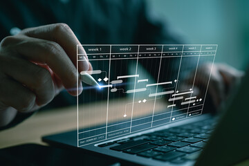 Aufkleber - Project manager working with Gantt chart schedule to plan tasks and deliverables. Scheduling activities with a planning software, Corporate strategy for finance, operations, sales, marketing.