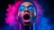 © A4719 - Dramatic Portrait Man with Open Mouth Neon Colors Smoke