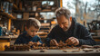 © FU - A heartfelt scene of a father and son bonding while building model airplanes together in their garage, showcasing the joy of shared hobbies, family connection, and the timeless tradition of creating m