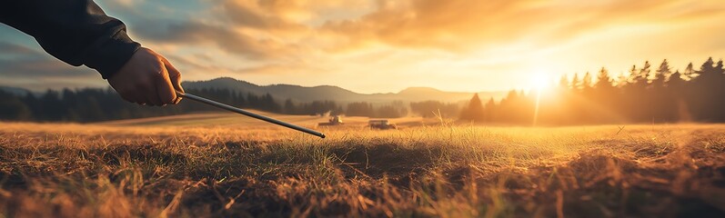Aufkleber - A hand gently holds a stick in a golden field, illuminated by a stunning sunset, with mountains in the background and a serene atmosphere.