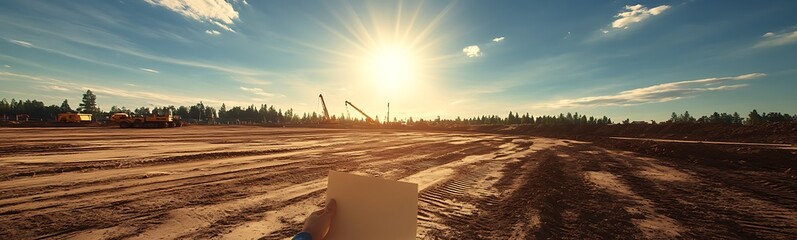 Aufkleber - A serene landscape featuring a bright sun over a sandy terrain with scattered vegetation and a clear blue sky.
