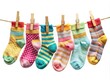 © kansak01 - Vintage Color Socks Hanging on Clothesline - Candid Photography of Footwear in Beautiful Pastel Tones Isolated on White Background for Home Decor and Fashion Inspiration